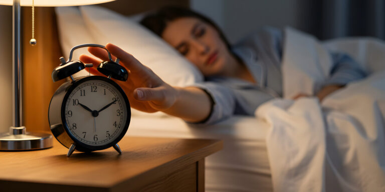 Woman Turns off Black Alarm Clock in Bed with Brown Wooden Nightstand and Lamp in Soft Lighting